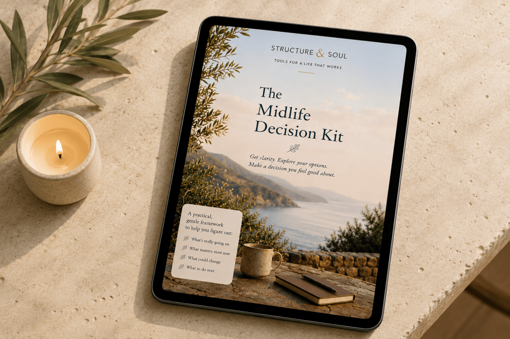 The Midlife Decision Kit free workbook shown on a tablet